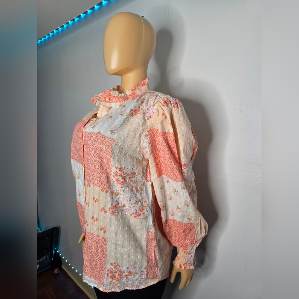Style & Co. Patchwork Ruffle-Neck Blouse in Coral & Cream Size US/M - Picture 2 of 13